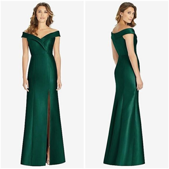 Alfred Sung D760 Hunter Green Off-Shoulder Trumpet Gown w/ Front Slit 8R - Picture 16 of 16